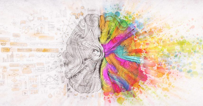 Left right human brain concept, textured illustration. Creative left and right part of human brain, emotial and logic parts concept with social and business doodle illustration and art paint splashes